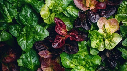 Close up view from above of a salad featuring vibrant green and red leaves