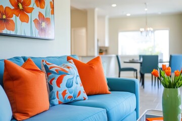 Blue Couch with Orange Cushions in Modern Interior