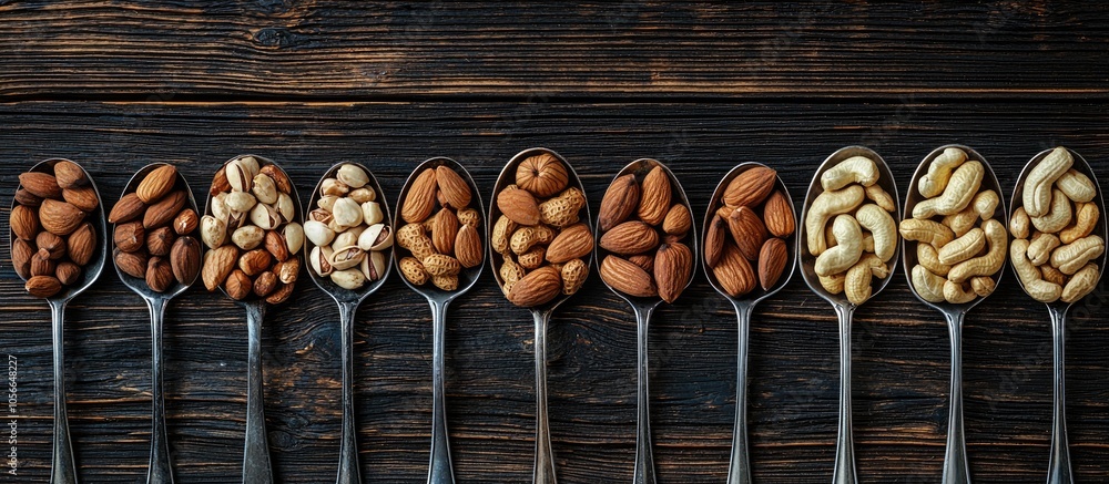 Poster mix of nuts separated in metal spoons next to each other on the rustoc and wooden background