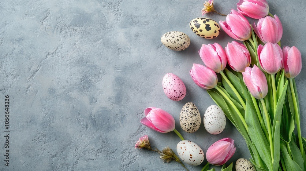 Poster pink tulips and quail eggs arranged on a gray backdrop ideal for an easter themed greeting card desi