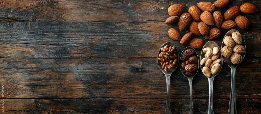 Poster mix of nuts separated in metal spoons next to each other on the rustoc and wooden background