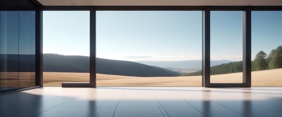 Obraz premium Modern interior with large windows overlooking serene mountain landscape