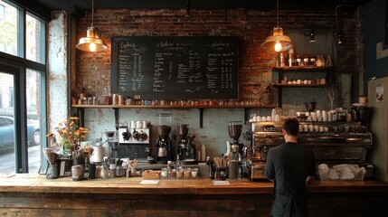 Barista preparing coffee in rustic cafe with exposed brick wall
