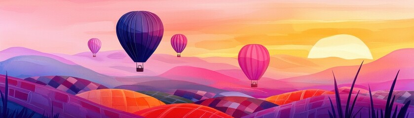 Fototapeta premium Colorful hot air balloons over vibrant hills at sunset.