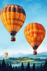 Obraz premium Colorful hot air balloons soaring above green landscape under clear blue sky.