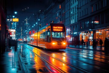 Fototapeta premium Orange tram passing through wet munich street at night