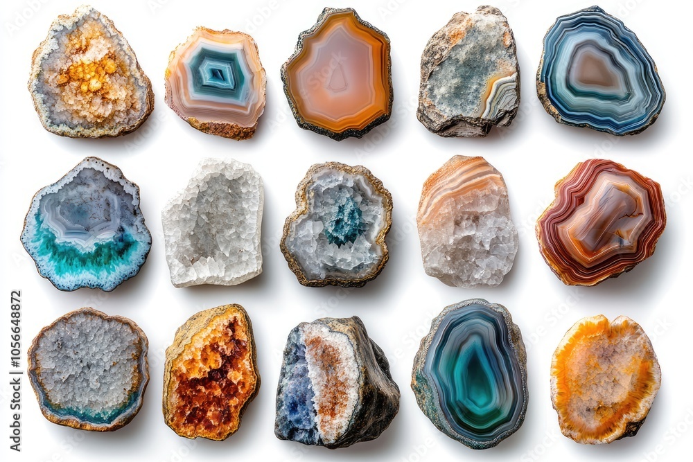 Aufkleber colorful polished agate slices and geodes showing intricate patterns on white background