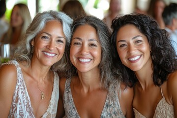 Fototapeta premium Three happy smiling women posing together at restaurant table