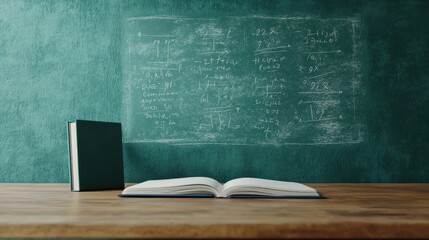 A green chalkboard with equations on it sits on a wooden desk