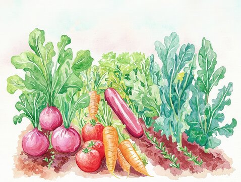 Colorful watercolor illustration of fresh vegetables in a garden.