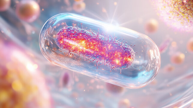 Illustration of PQQ (Pyrroloquinoline Quinone) Highlighting Its Role in Mitochondrial Function, Cellular Energy Improvement, and Brain Health with Eye-Catching Holographic Graphics