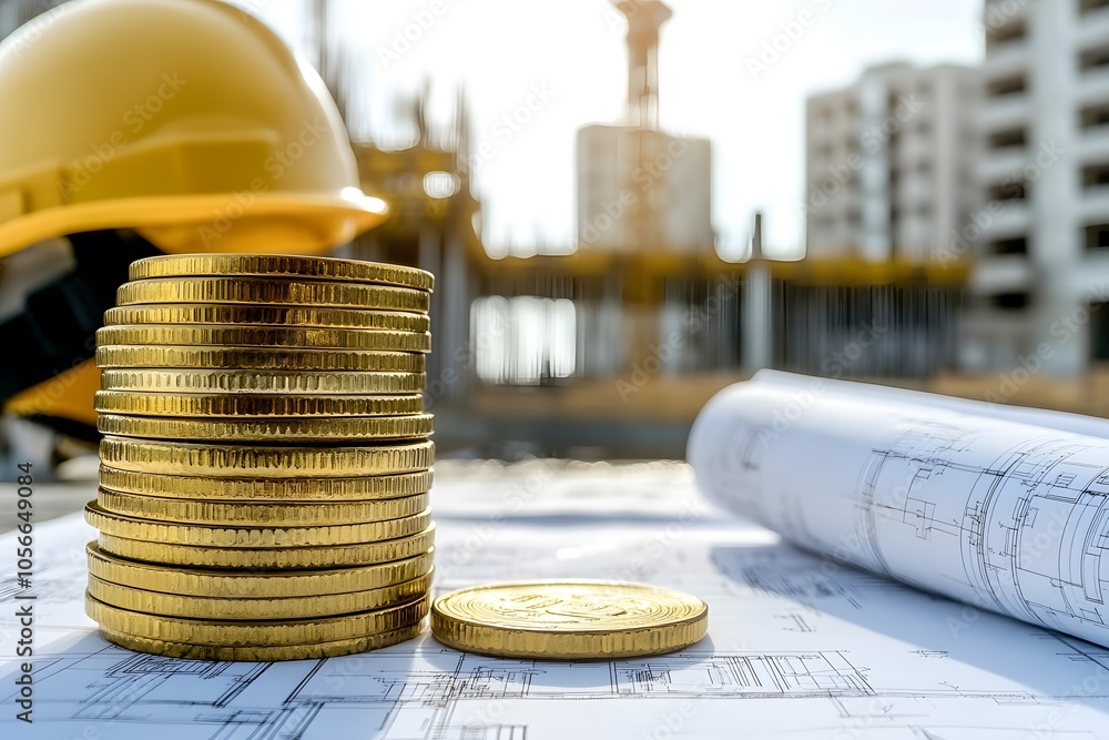 Poster stacked coins on blueprints with a construction site in the background.