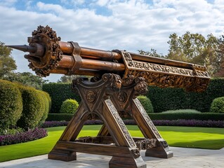 Imposing Roman Arcuballista in Regal Palace Garden with Ornate Bronze Embellishments