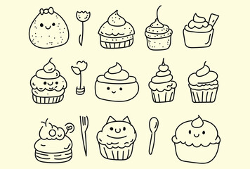 set of cakes hand drawn black and white 