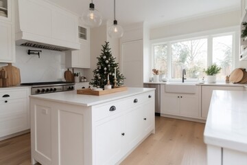 Modern farmhouse kitchen decorated for christmas with small christmas tree on island