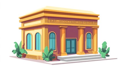 Cartoon-style illustration of a bank building on a white background, featuring a whimsical design with bright colors and playful details. 