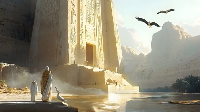 Ancient Egyptian Nilometer Measuring River Levels Amidst Towering Stone Structure with Carved Hieroglyphics