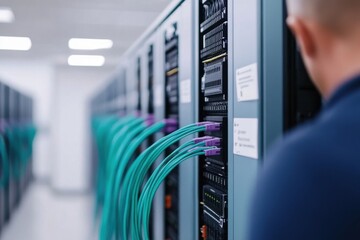 Fototapeta premium Network engineer connecting cables to server rack in data center