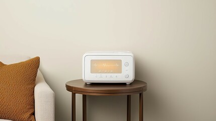 A modern white microwave on a wooden table beside a couch with an orange cushion, set against a beige wall, creating a cozy kitchen space.