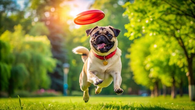 Pug's determined face, chasing a frisbee, owner captures the hilarious moment.