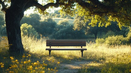 Empty bench invites contemplation under a majestic oak tree in scenic landscape