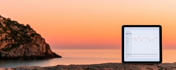 A laptop displaying data analytics sits on a rocky shore against a stunning sunset, combining nature and technology seamlessly.