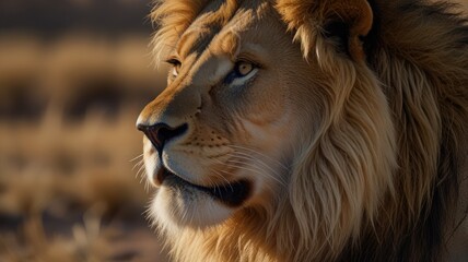 Fototapeta premium a lion, its sharp golden eyes and long mane catch the eye. The warm golden light illuminates the lion's face, highlighting its intricate details and strong features.