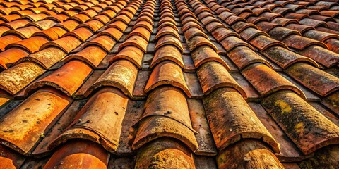 A weathered roof of curved terracotta tiles, layered in a repetitive pattern, reveals the passage of time through subtle variations in color and texture.
