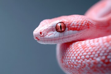 Obraz premium Pink snake coiled and staring with intense red eye