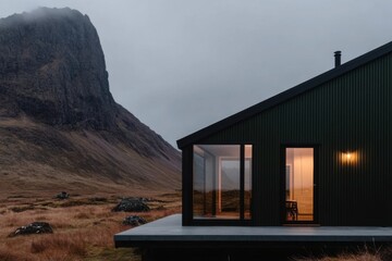 Modern cabin nestled in tranquil icelandic landscape at dusk