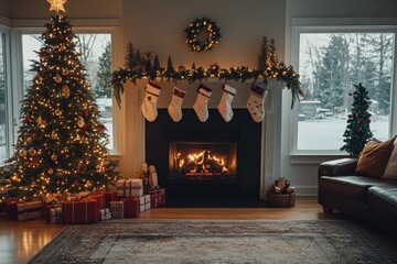 Fototapeta premium A beautifully decorated Christmas tree with lights in a cozy living room featuring a warm fireplace and festive stockings hanging on the wall, creating an inviting holiday atmosphere.