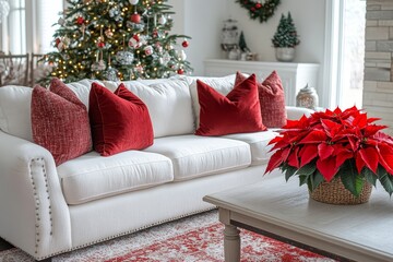 A cozy living room featuring a Christmas tree in the background, a white sofa adorned with red pillows, and a festive poinsettia plant on the coffee table.