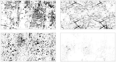 Grunge scratches and overlay dirty texture background vector. Set of vector paint brush stroke, ink splash and grungy decoration elements.