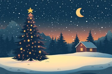 A beautiful Christmas tree in the snow under a starry night sky with a crescent moon and a cozy wooden house behind a pine forest.