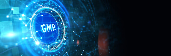 Good manufacturing practice certification quality control on virtual screen. GMP. 3d illustration