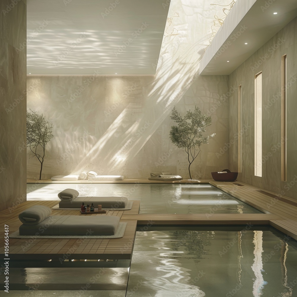 Poster a large, open space with a pool and a few trees. the pool is surrounded by white furniture and the t