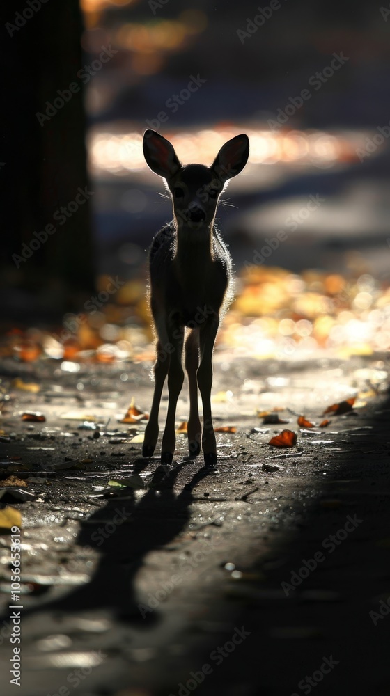 Poster a deer is standing in the shadows of a tree. the image has a moody and mysterious feel to it, as the