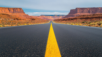 long stretch of asphalt road in rugged terrain, surrounded by stunning red rock formations, invites adventure and exploration