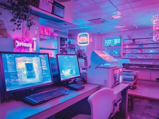 Nostalgic Y2K Inspired Cybercaf with Retro Desktop Computers and Holographic Projections