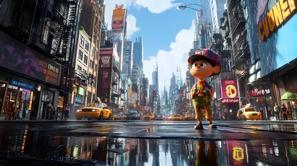 Naklejka premium Animated Brand Mascot Interacting with Vibrant Urban Cityscape in