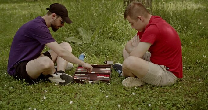 Two friends enjoy a relaxing day in the park, playing backgammon on the grass. Board games, nature, and friendship come together in this outdoor leisure scene.