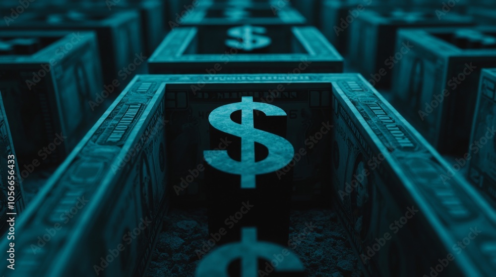 Poster a visually striking image featuring stacked blocks inscribed with dollar signs, creating a surreal, 