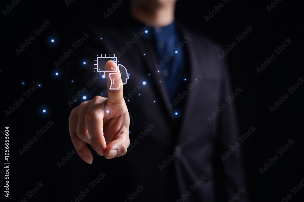 Poster hand touching of ai symbolic, artificial intelligence of futuristic technology.transformation of ide