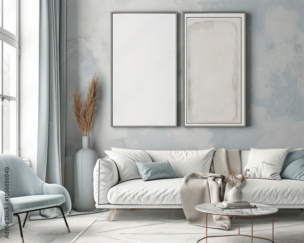 Wall mural minimalist living room interior design with a white sofa. two blank frames on the wall. a blue armch