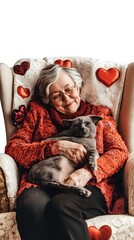 A woman in a red sweater is holding a cat in her lap