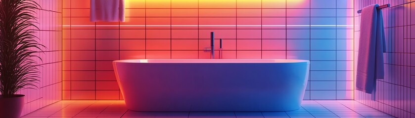 Bathroom with neon lighting, tiled patterns in various colors, flat design illustration