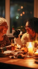 A woman and a dog are sitting at a table with a woman wearing glasses