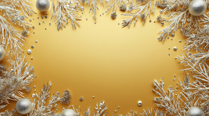 雪の上に黄金色と白のクリスマスツリー、ボケライトとキラキラのオーナメントが落ちているクリスマスの背景。ホリデーグリーティングカードやお祝いの装飾のための冬のシーン。