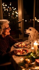 A woman and her dog are sitting at a table with food