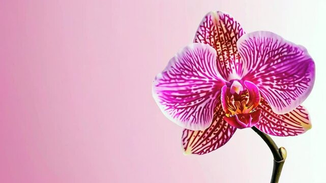 A vibrant orchid flower with intricate patterns against a soft pink background.
